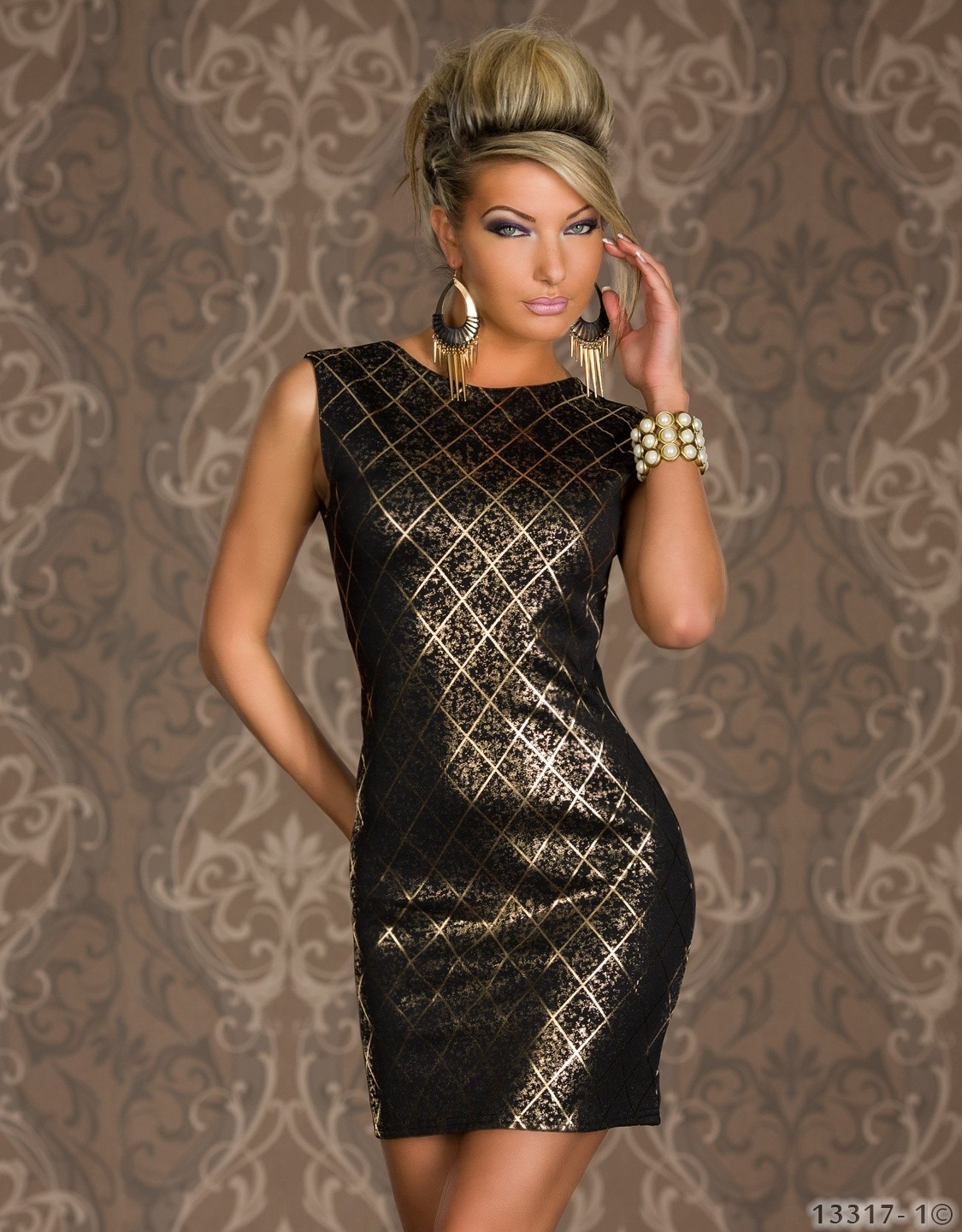 Black Foil Print Mini Dress with Deep V Back